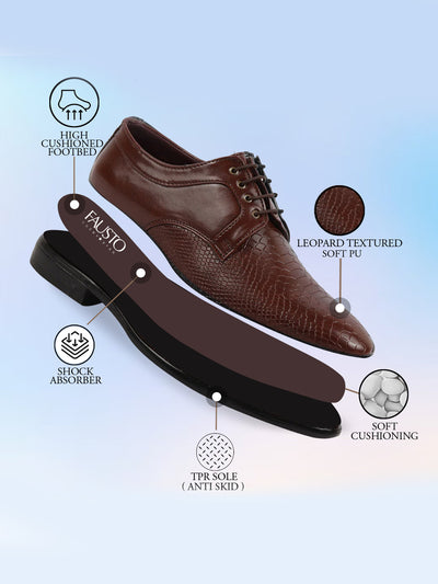 Men Light Brown Leopard Textured Derby Formal Lace Up Shoes For Office|Work|Wedding|Party