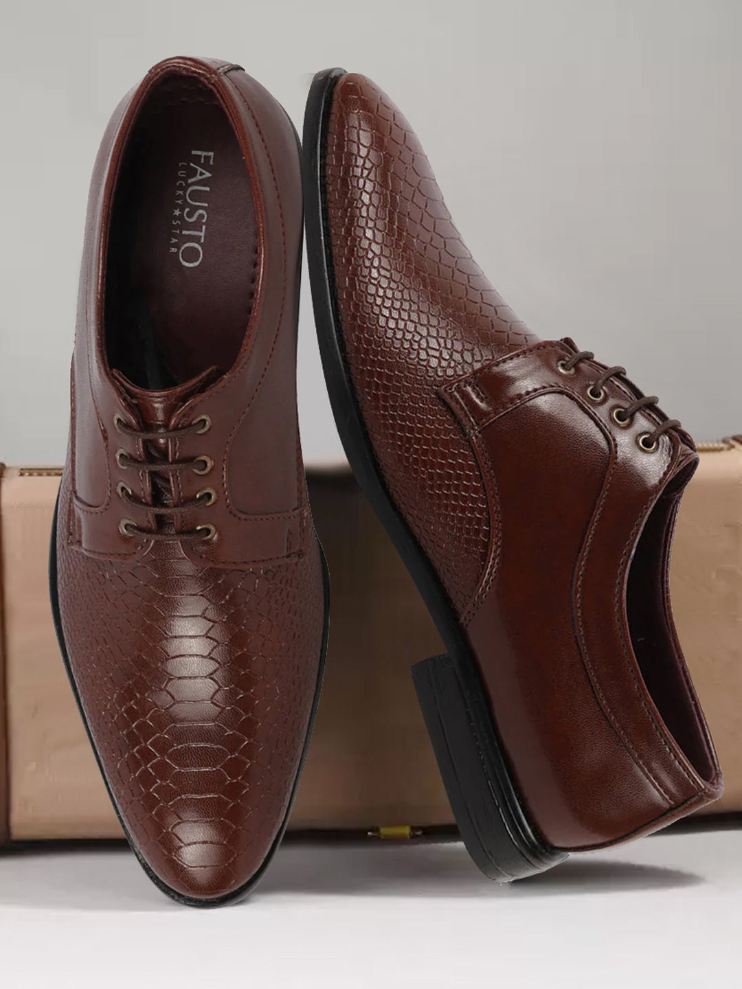 Men Light Brown Leopard Textured Derby Formal Lace Up Shoes For Office|Work|Wedding|Party