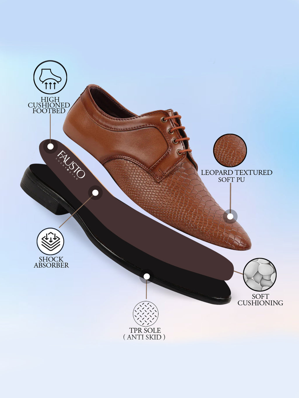 Men Tan Leopard Textured Derby Formal Lace Up Shoes For Office|Work|Wedding|Party