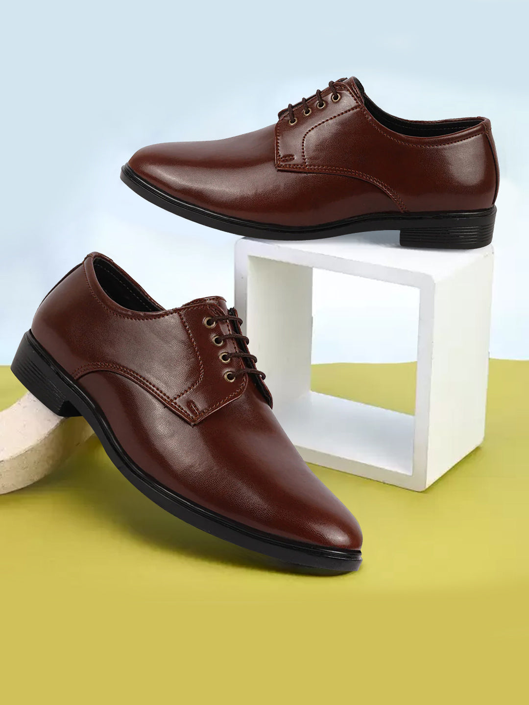 Shop Men Brown Formal Dress Lace Up Derby Shoes With Cushioned Footbed For Office|Work Online.