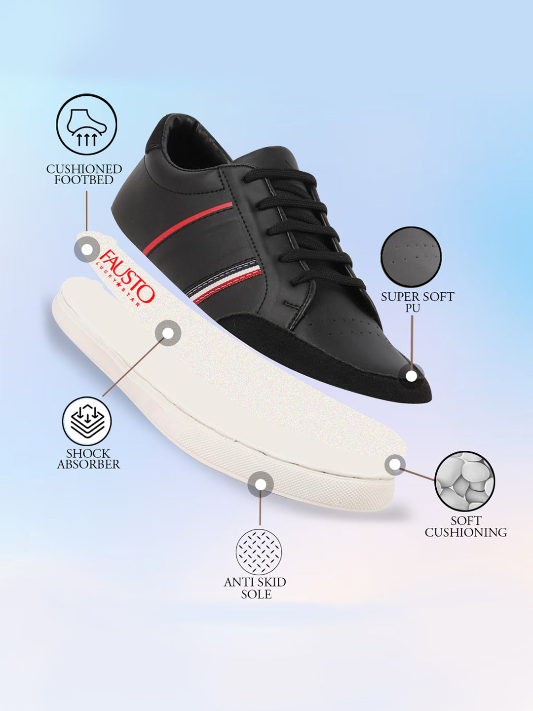 Shop Men Black Striped Lace Up Perforation Low Ankle Sneaker Shoes|Memory Cushion|Classic Shoe|Low Top Online.