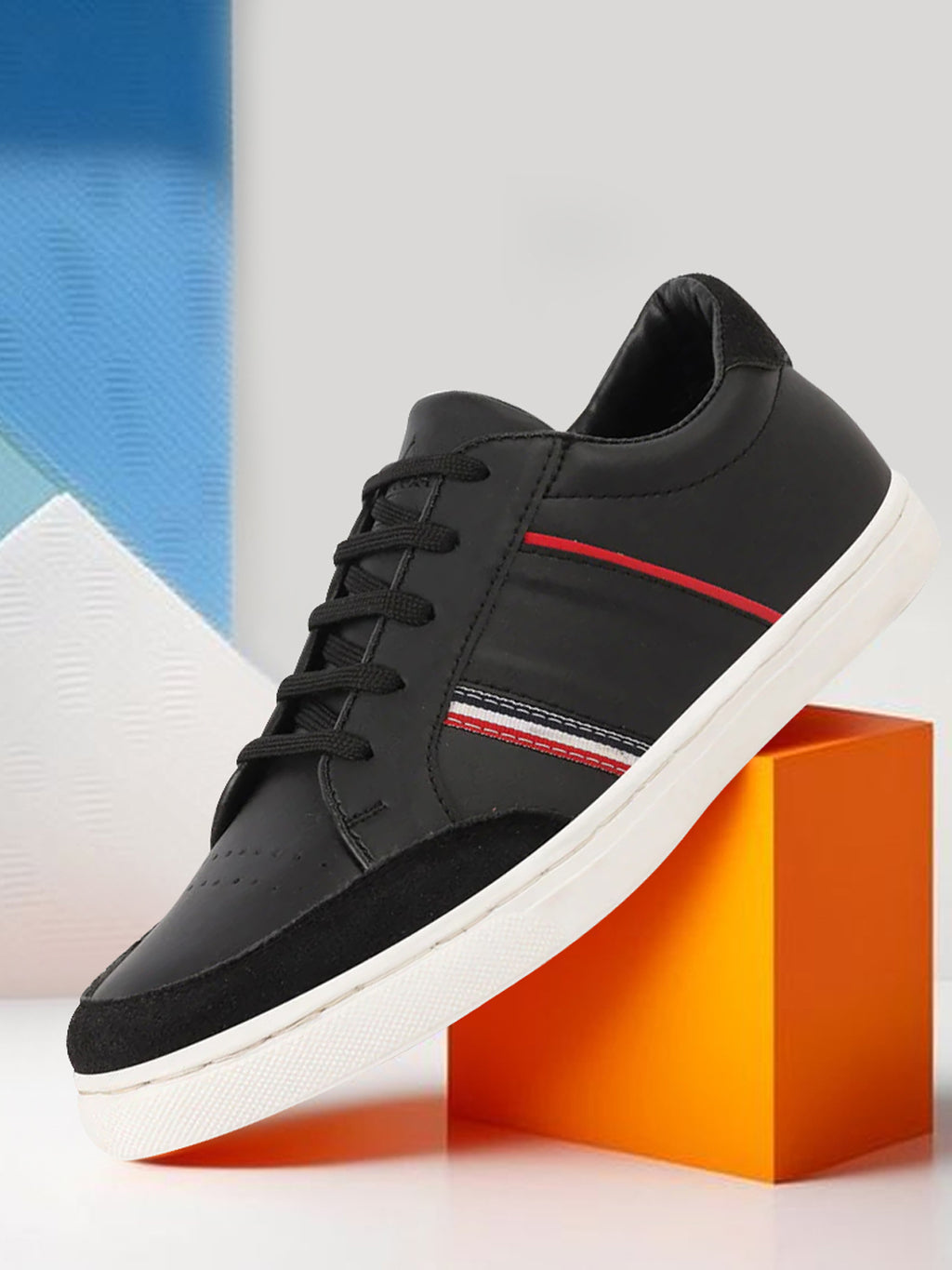 Shop Men Black Striped Lace Up Perforation Low Ankle Sneaker Shoes|Memory Cushion|Classic Shoe|Low Top Online.