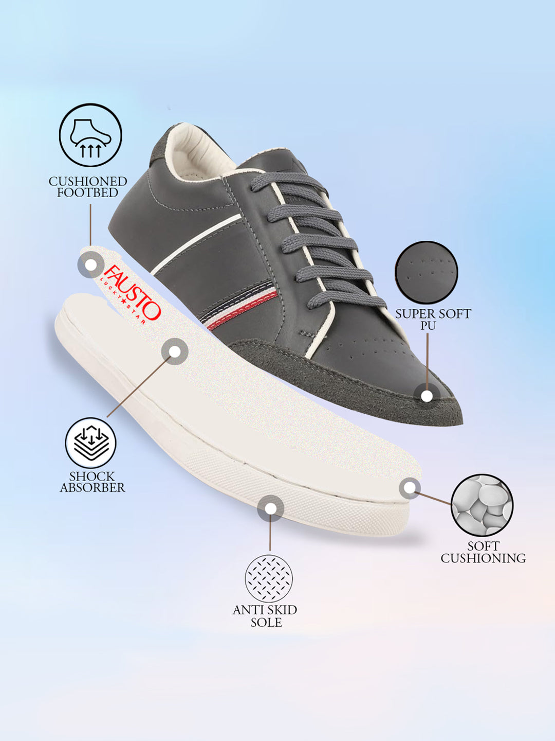 Men Grey Striped Lace Up Perforation Low Ankle Sneaker Shoes|Memory Cushion|Classic Shoe|Low Top