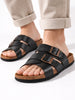 Men Black Genuine Leather Open Toe Multi Adjustable Strap Ethnic Kurta Slip On Sandals|Anti-Skid Sole Slippers|Cork Latex Suede Footbed