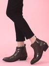 Women Brown Mid Top Side Zipper Slip On Flared Heel Pointed Toe Chelsea Boots