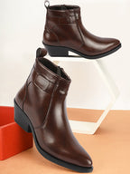 Shop Women Black Mid Top Side Zipper Slip On Flared Heel Pointed Toe Chelsea Boots Online.