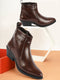 Women Brown Mid Top Side Zipper Slip On Flared Heel Pointed Toe Chelsea Boots