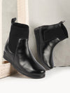 Women Black Mid Top Socks Collar Broad Feet Slip On Wedge Heel Chelsea Boots