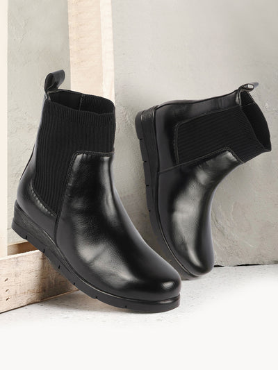 Women Black Mid Top Socks Collar Broad Feet Slip On Wedge Heel Chelsea Boots