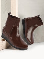 Shop Women Brown Mid Top Socks Collar Broad Feet Slip On Wedge Heel Chelsea Boots Online.