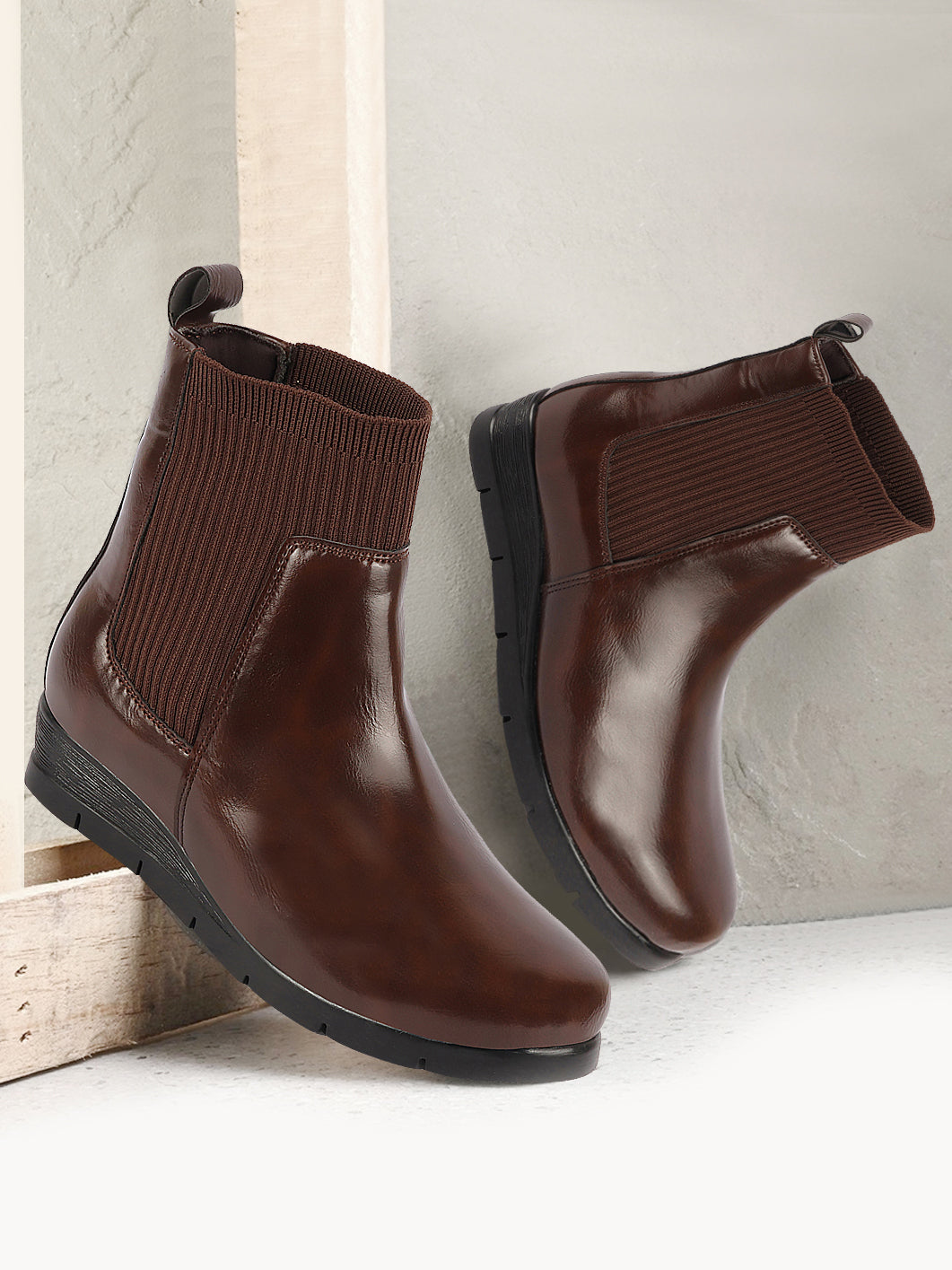 Shop Women Brown Mid Top Socks Collar Broad Feet Slip On Wedge Heel Chelsea Boots Online.