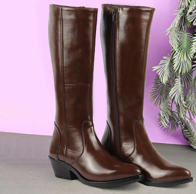 Shop Women Brown Knee Length Side Zipper Closure Pointed Toe Flared Heel Boots Online.