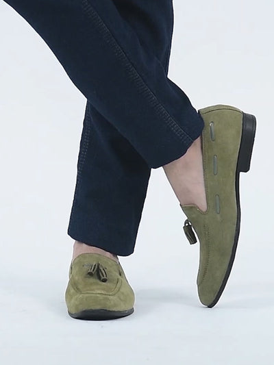 Men Olive Green Suede Leather Casual Tassel Loafer Shoes