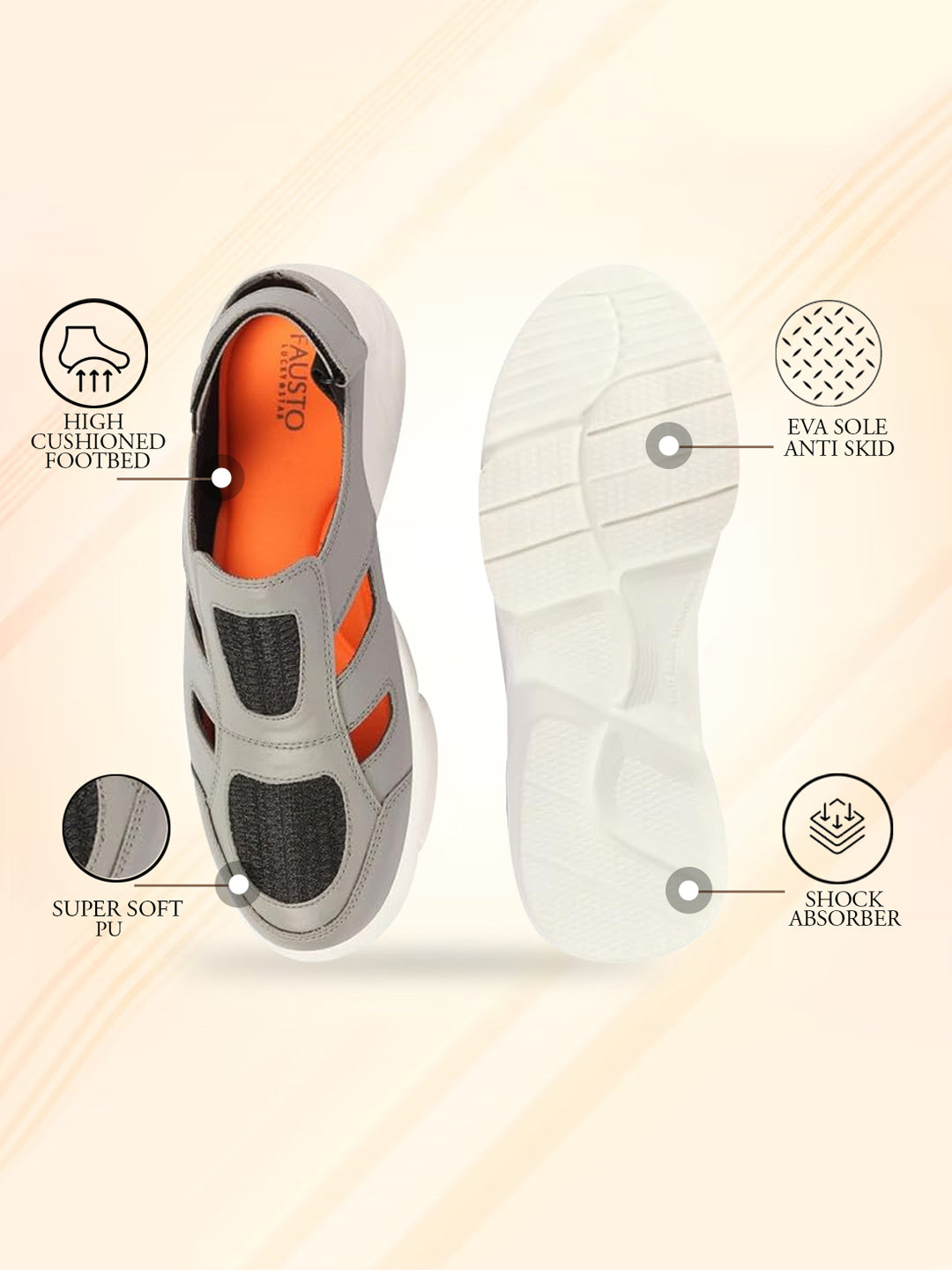 Men Grey Hook and Loop Breathable Back Strap Ultra Lightweight Sports Shoe Style Sandals