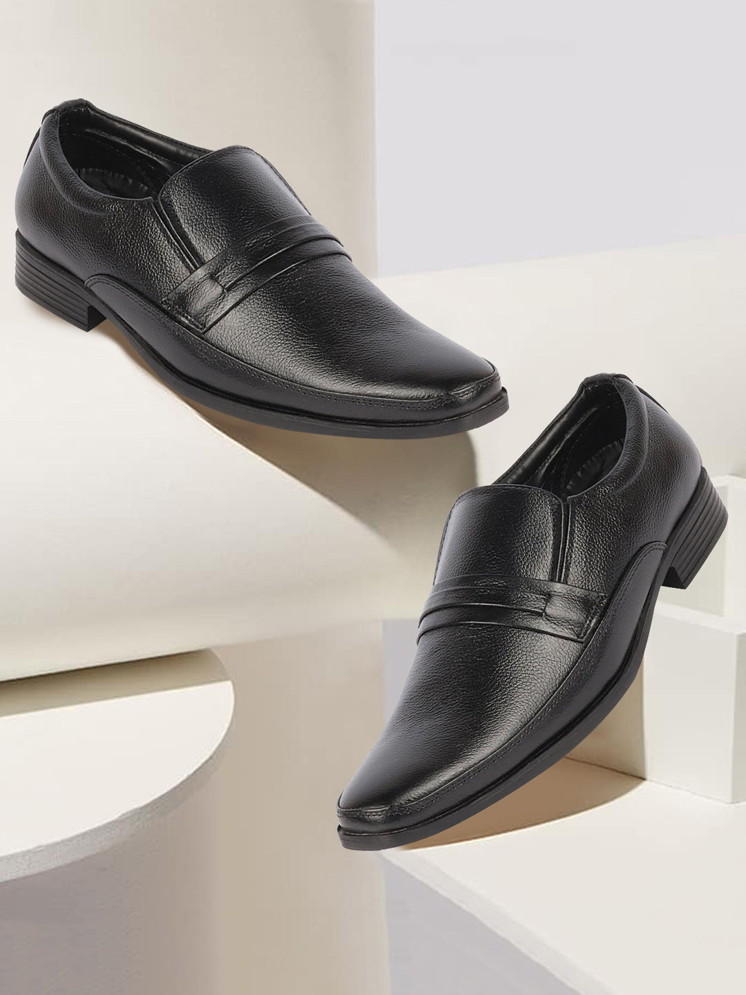 Men Black Genuine Leather Formal Office Work Round Toe Slip On Shoes with  Comfort EVA Pad Insole