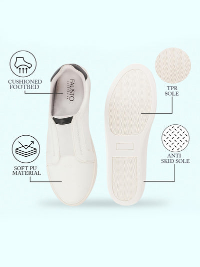 Women White Elastic Closure Stitched Comfort Slip On Sneaker Shoes