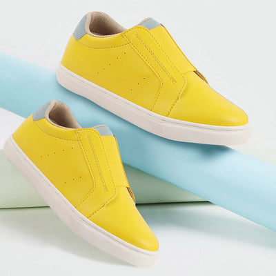 Women Yellow Elastic Closure Stitched Comfort Slip On Sneaker Shoes