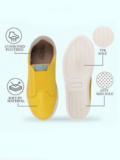 Women Yellow Elastic Closure Stitched Comfort Slip On Sneaker Shoes