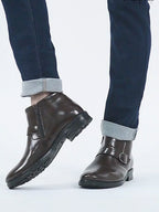 men brown mid top buckle side zipper single strap monk boots