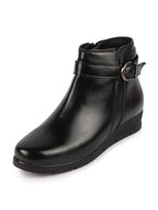 Women Black High Ankle Broad Feet Side Zipper Closure Casual Buckle Boots