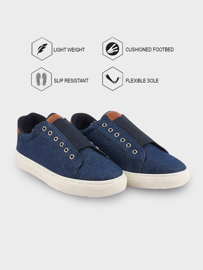 Shop Men Navy Blue Elastic Closure Comfort Canvas Denim Slip On Sneaker Shoes Online.