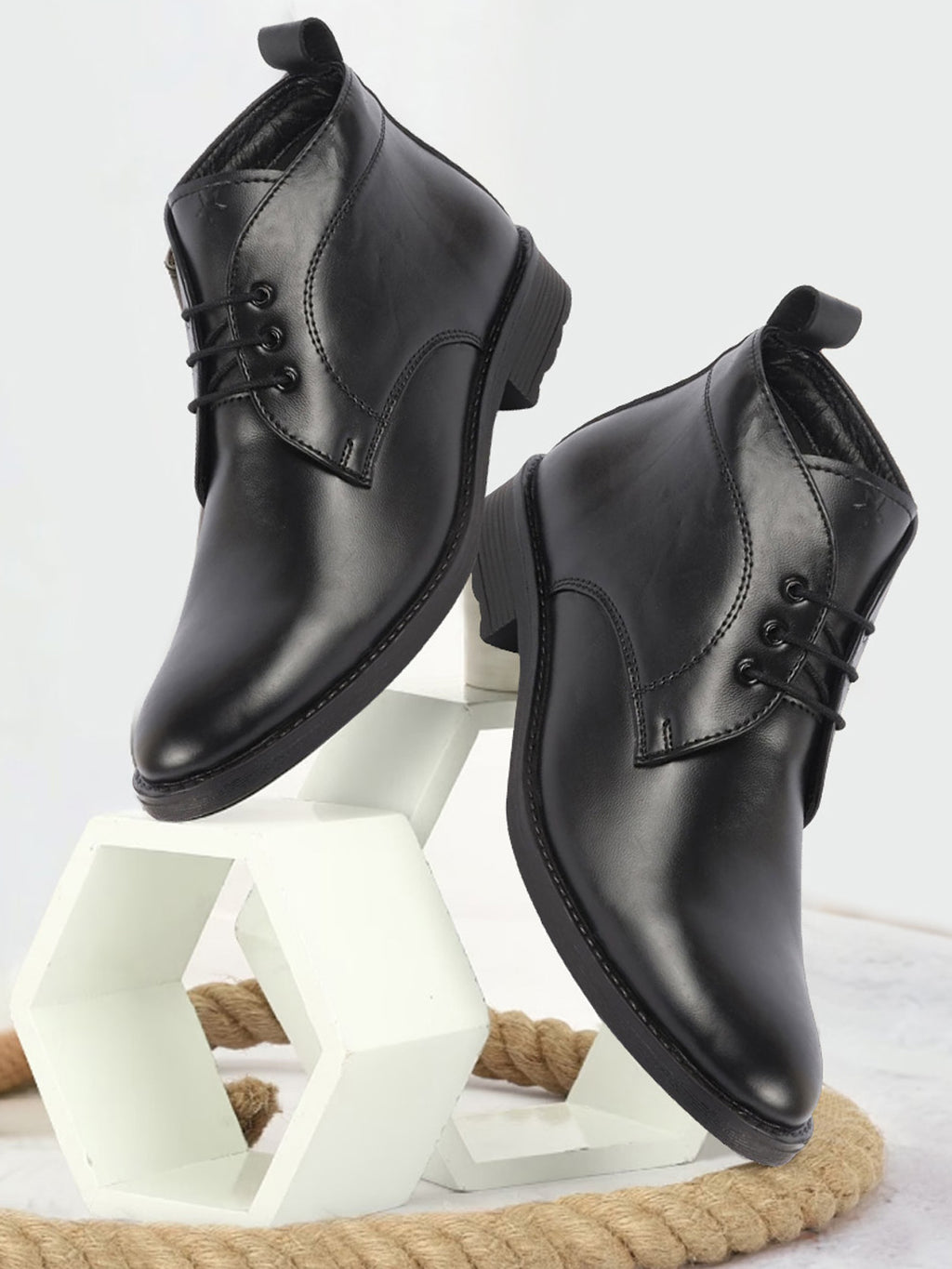 men black genuine leather broad feet mid top chukka lace up boots with tpr welted sole