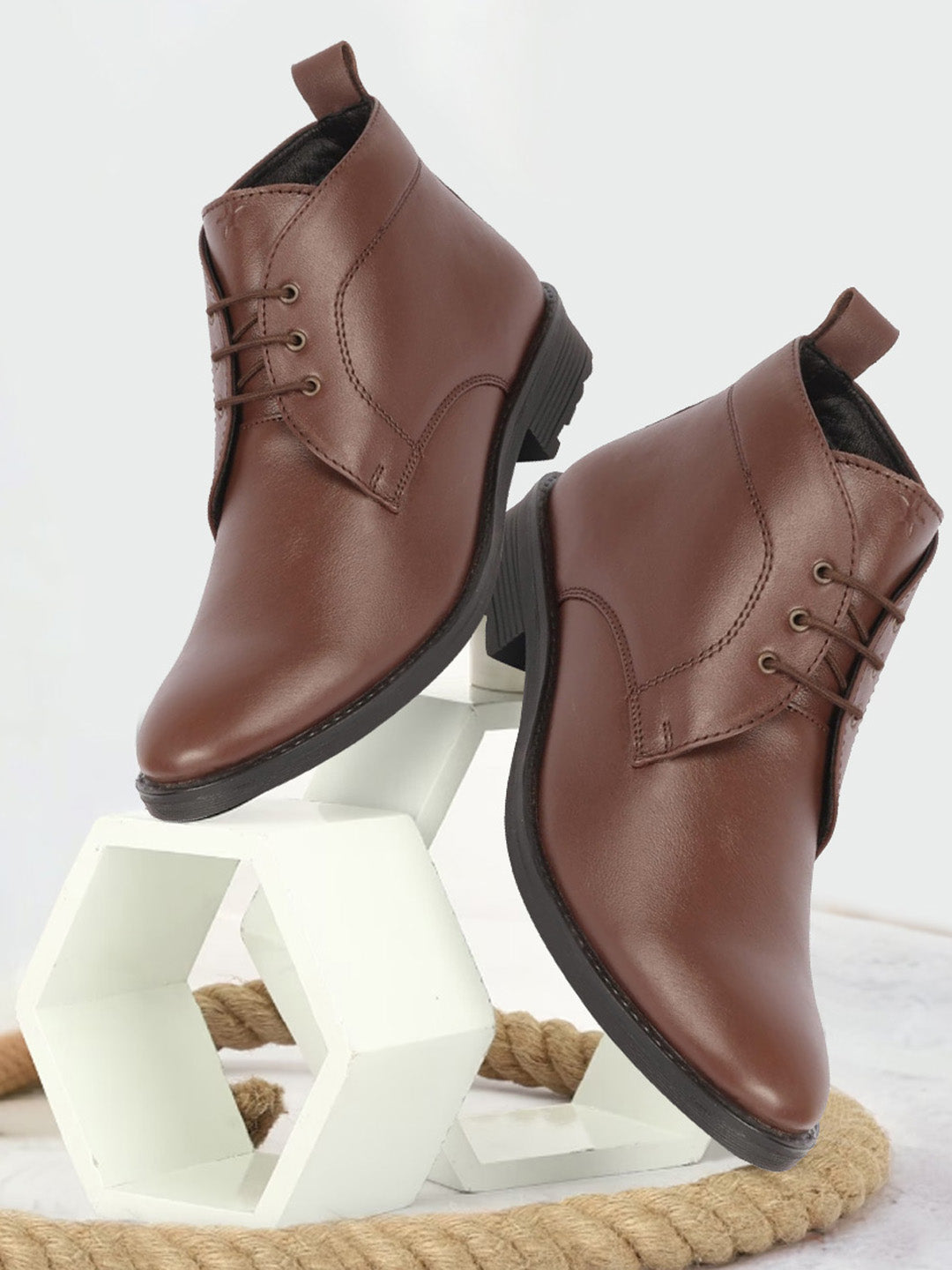 men brown genuine leather broad feet mid top chukka lace up boots with tpr welted sole