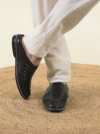 Shop Men Black Back Open Laser Cut Stitched Ethnic Mojaris Online.