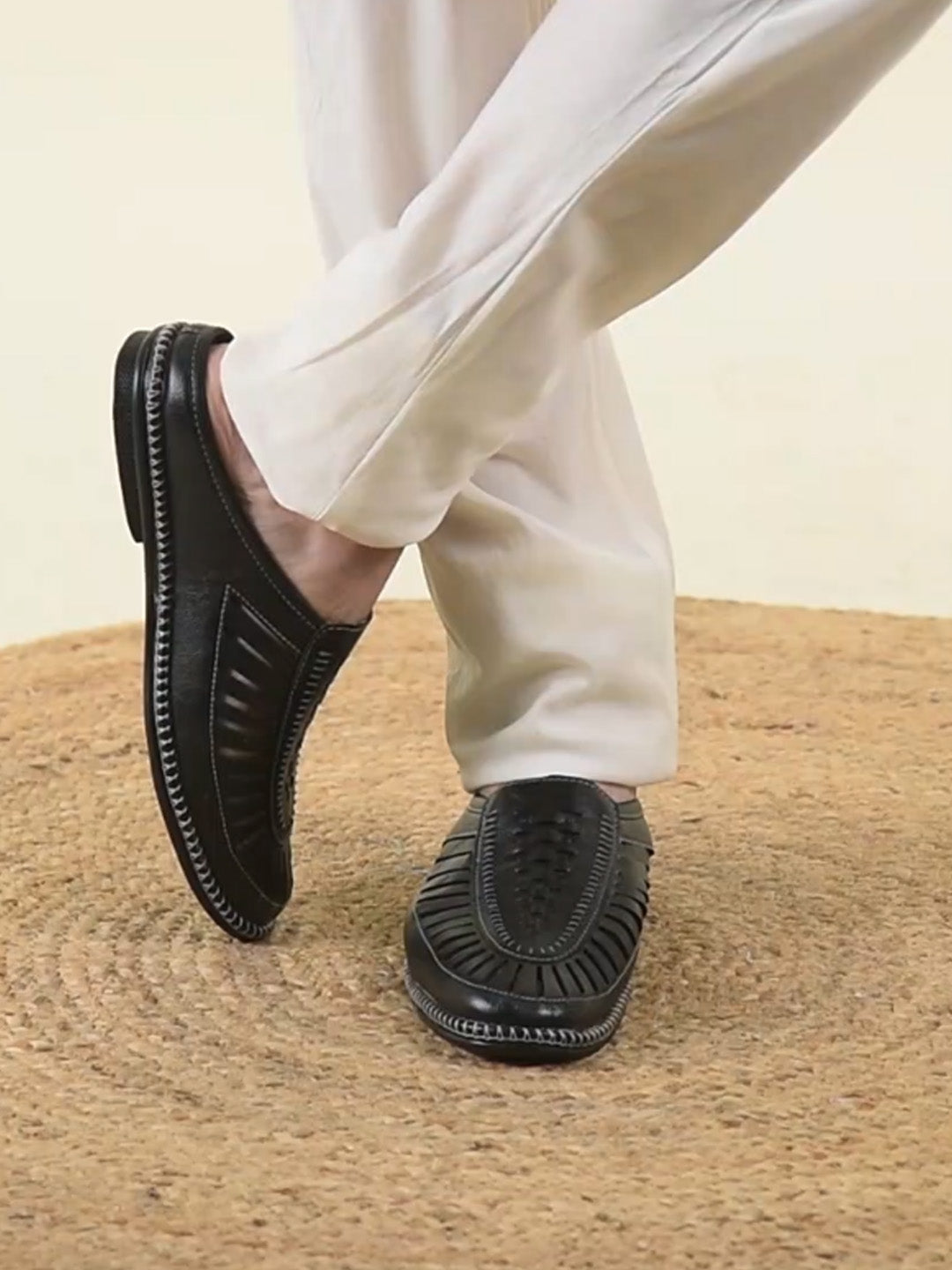 Shop Men Black Back Open Laser Cut Stitched Ethnic Mojaris Online.