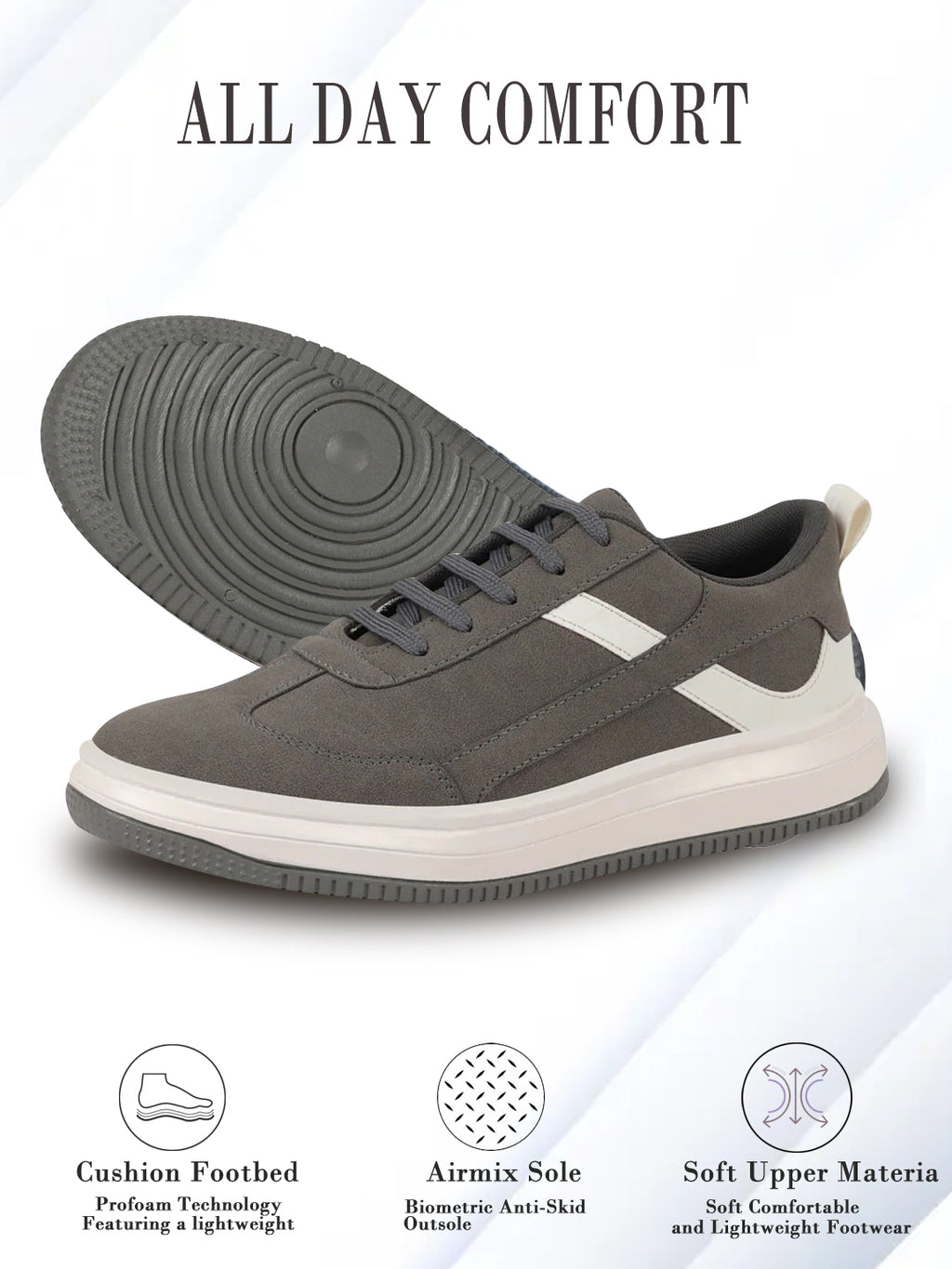 Shop Men Grey Lace Up White Stripped Trendy All Day Comfortable Lightweight Sneakers Casual Shoes Online.