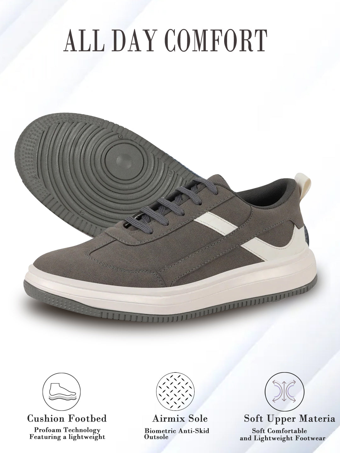 Shop Men Grey Lace Up White Stripped Trendy All Day Comfortable Lightweight Sneakers Casual Shoes Online.