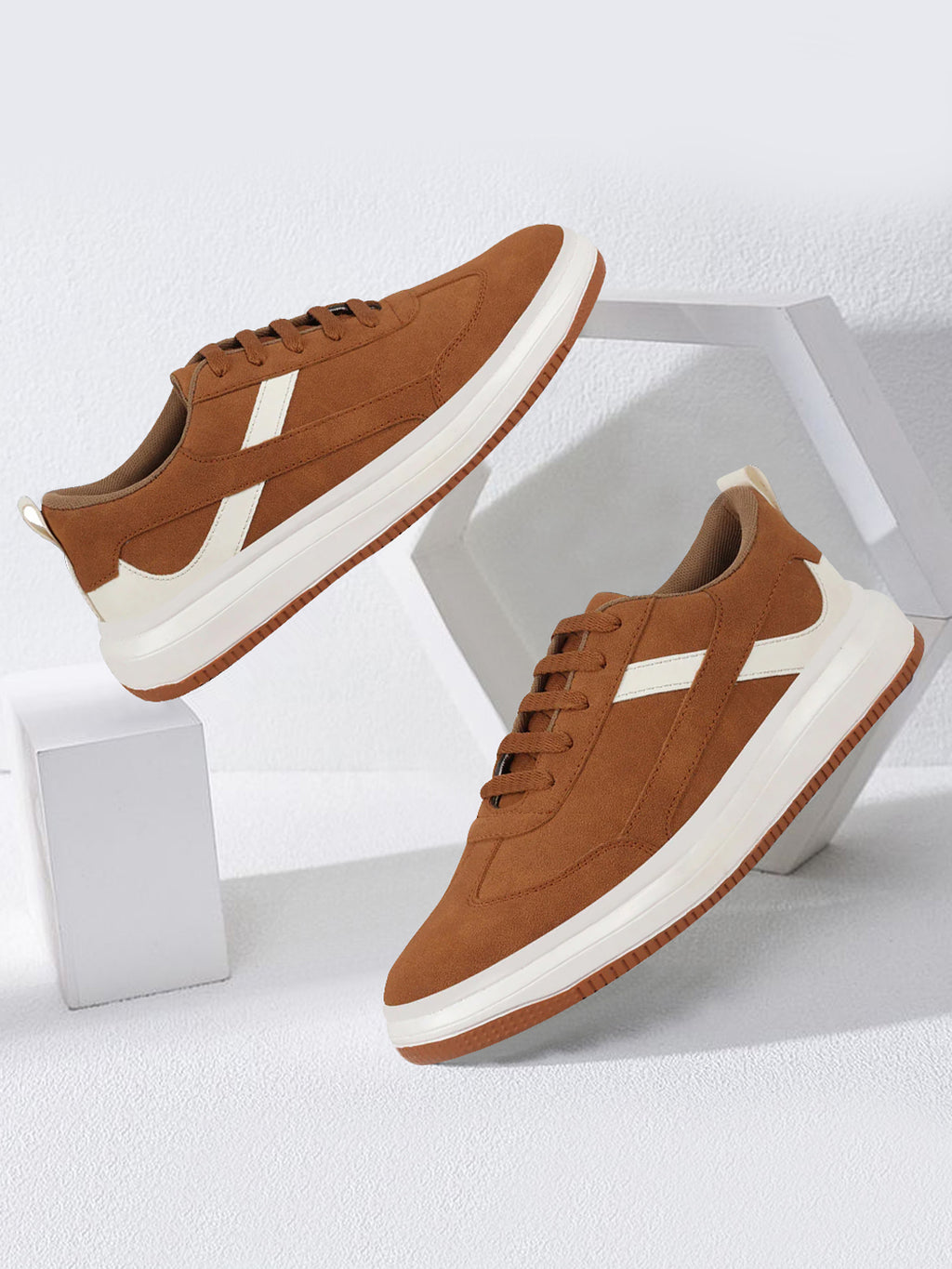 Shop Men Tan Lace Up White Stripped Trendy All Day Comfortable Lightweight Sneakers Casual Shoes Online.