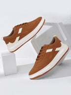 Shop Men Tan Lace Up White Stripped Trendy All Day Comfortable Lightweight Sneakers Casual Shoes Online.