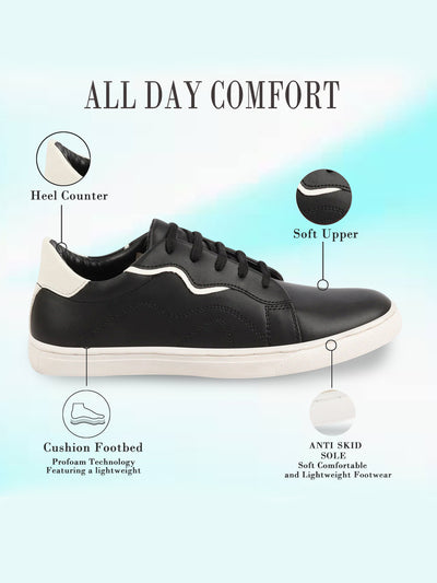 Men Black Classic Lace Up Elevated Look Sneaker Shoes with Contrast Sole|Low Ankle|Casual Shoe