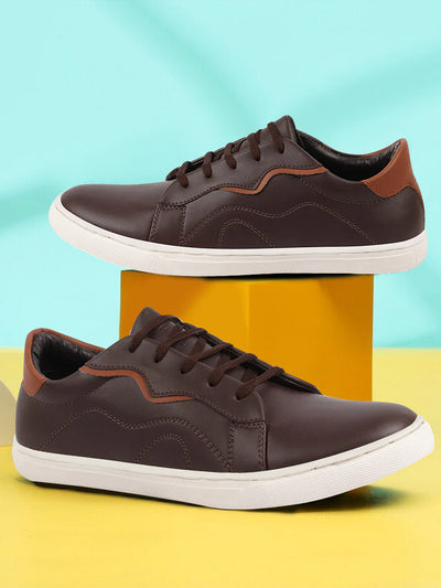 Men Brown Classic Lace Up Elevated Look Sneaker Shoes with Contrast Sole|Low Ankle|Casual Shoe