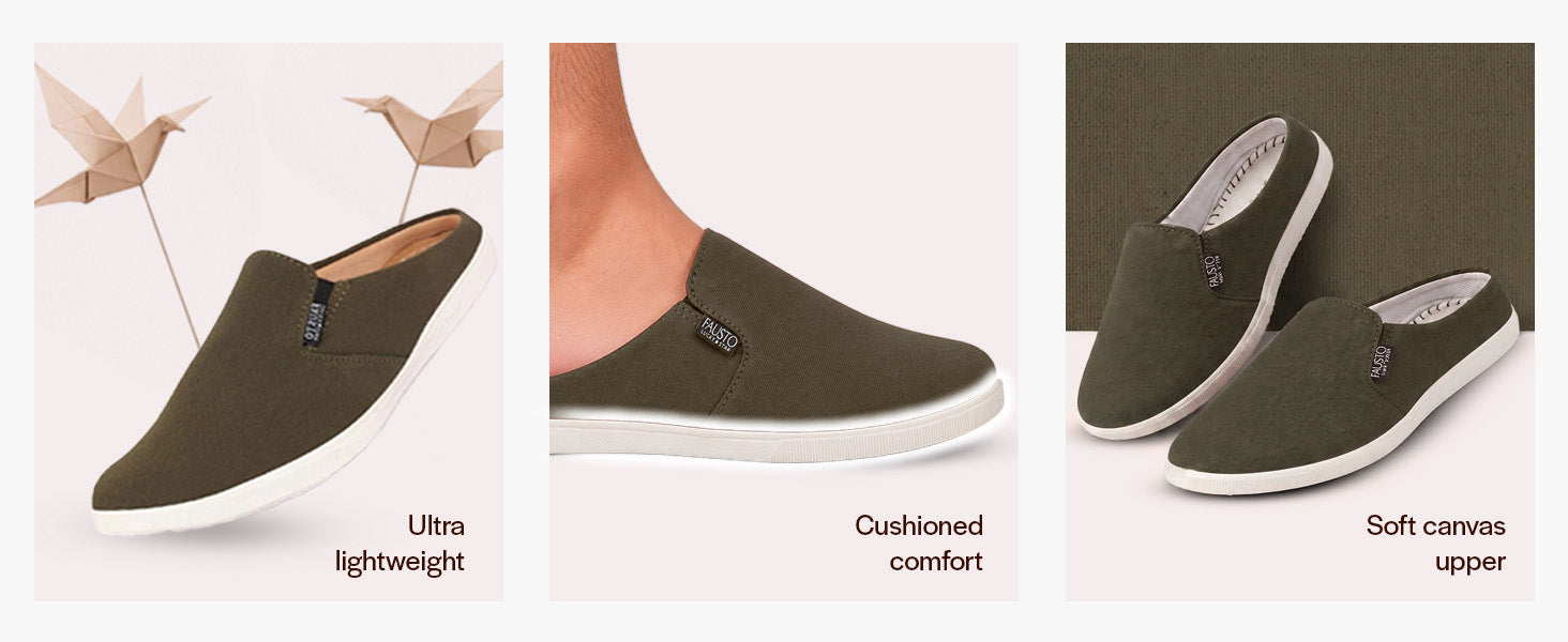 Men Olive Green Casual Back Open Canvas Stylish Slip On Shoes