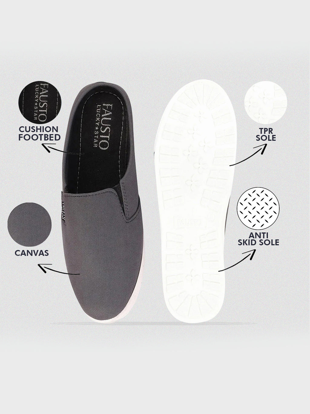 Men Grey Casual Back Open Canvas Stylish Slip On Shoes