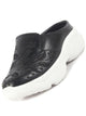 Women Black Leaf Print Embroidery Design Back Open Slip On Mules Shoes