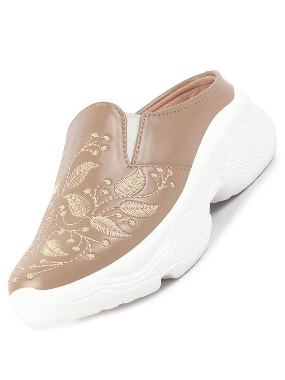 Women Cheeku Leaf Print Embroidery Design Back Open Slip On Mules Shoes
