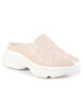 Women Cream Leaf Print Embroidery Design Back Open Slip On Mules Shoes