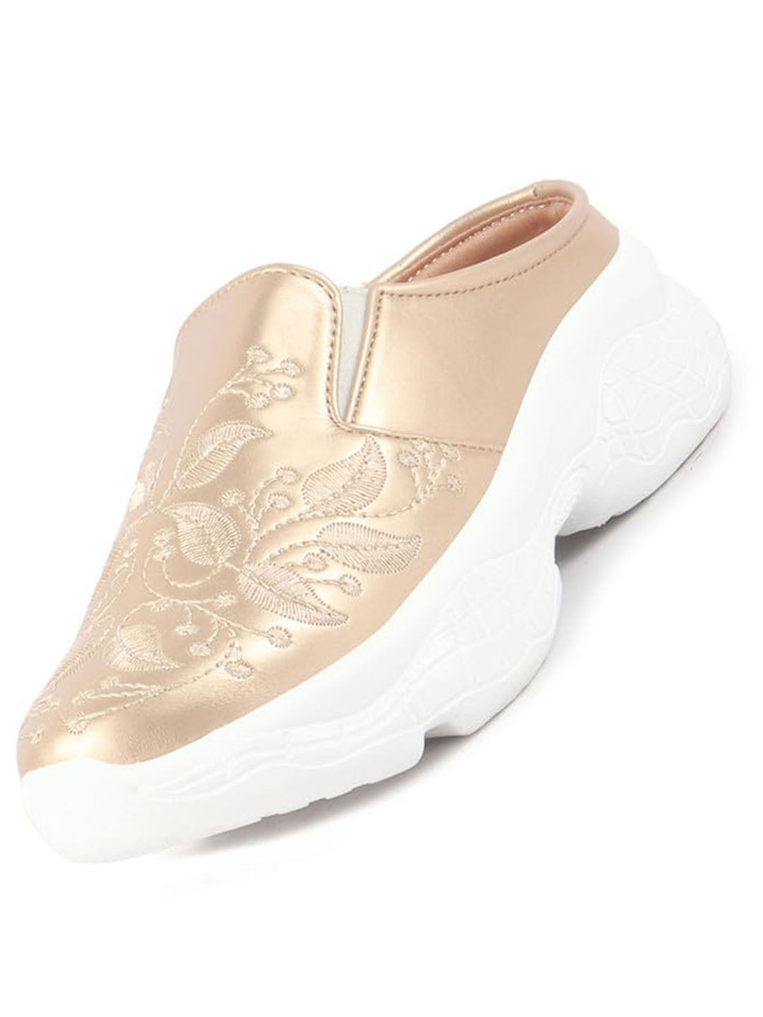 women golden leaf print embroidery design back open slip on mules shoes