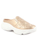Women Golden Leaf Print Embroidery Design Back Open Slip On Mules Shoes