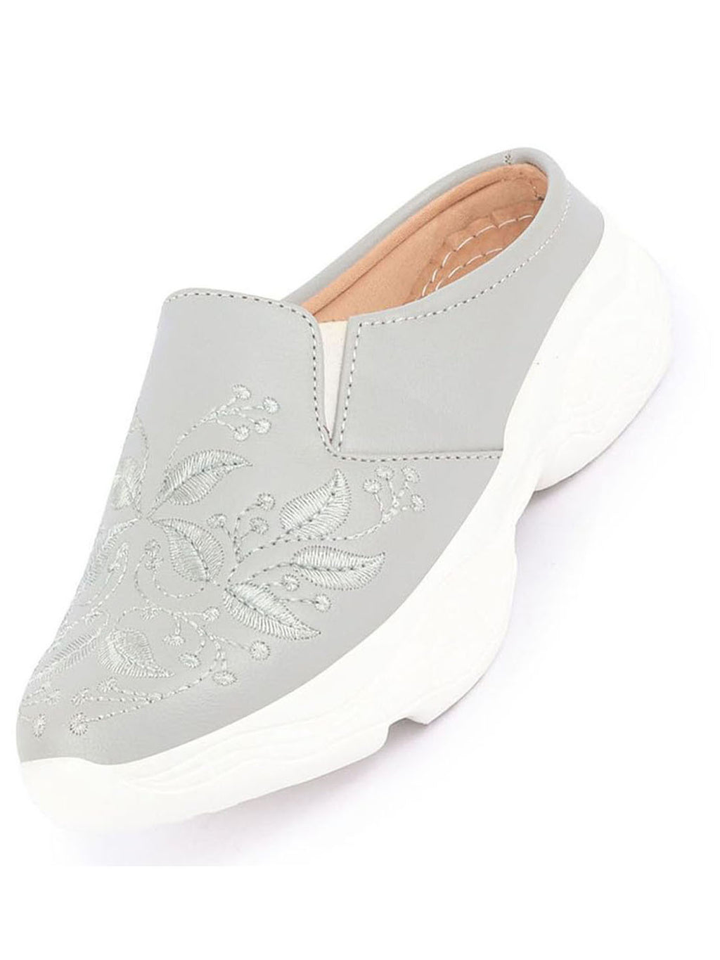 Shop Women Grey Leaf Print Embroidery Design Back Open Slip On Mules Shoes Online.