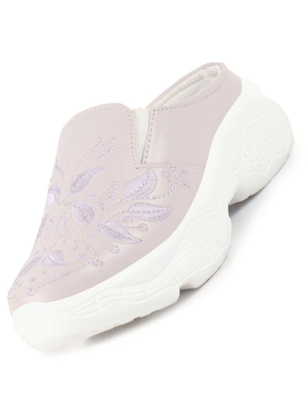 women lavender leaf print embroidery design back open slip on mules shoes