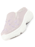 women lavender leaf print embroidery design back open slip on mules shoes