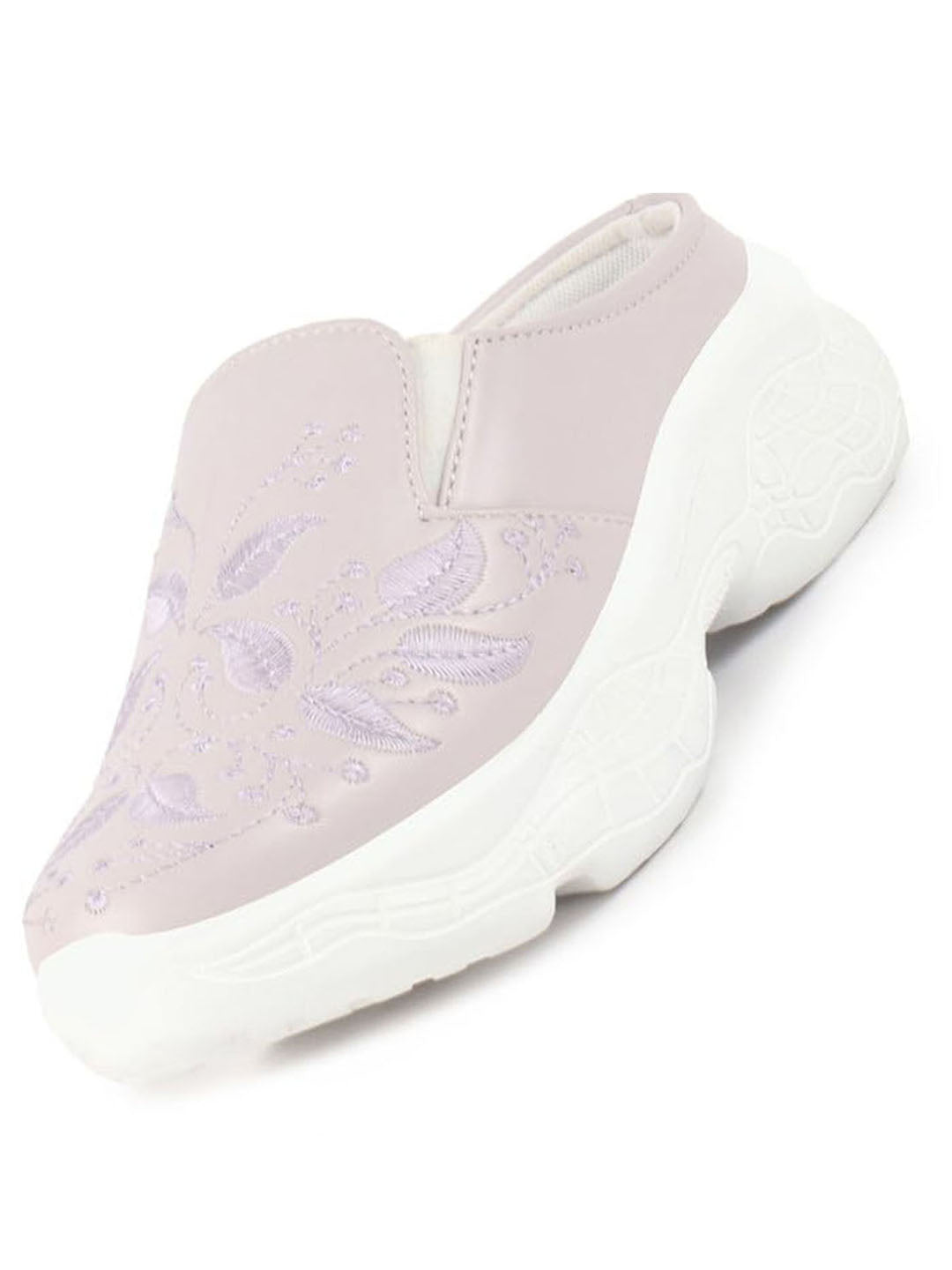 women lavender leaf print embroidery design back open slip on mules shoes