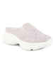 Women Lavender Leaf Print Embroidery Design Back Open Slip On Mules Shoes