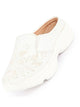 Women Off White Leaf Print Embroidery Design Back Open Slip On Mules Shoes