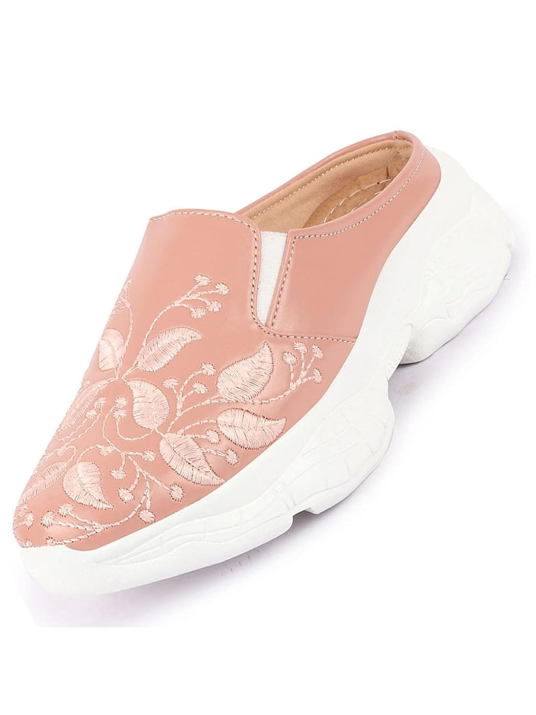 Shop Women Peach Leaf Print Embroidery Design Back Open Slip On Mules Shoes Online.