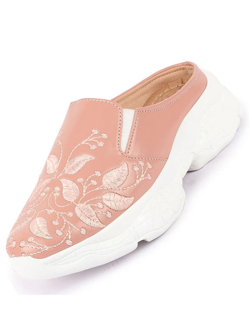 Shop Women Peach Leaf Print Embroidery Design Back Open Slip On Mules Shoes Online.